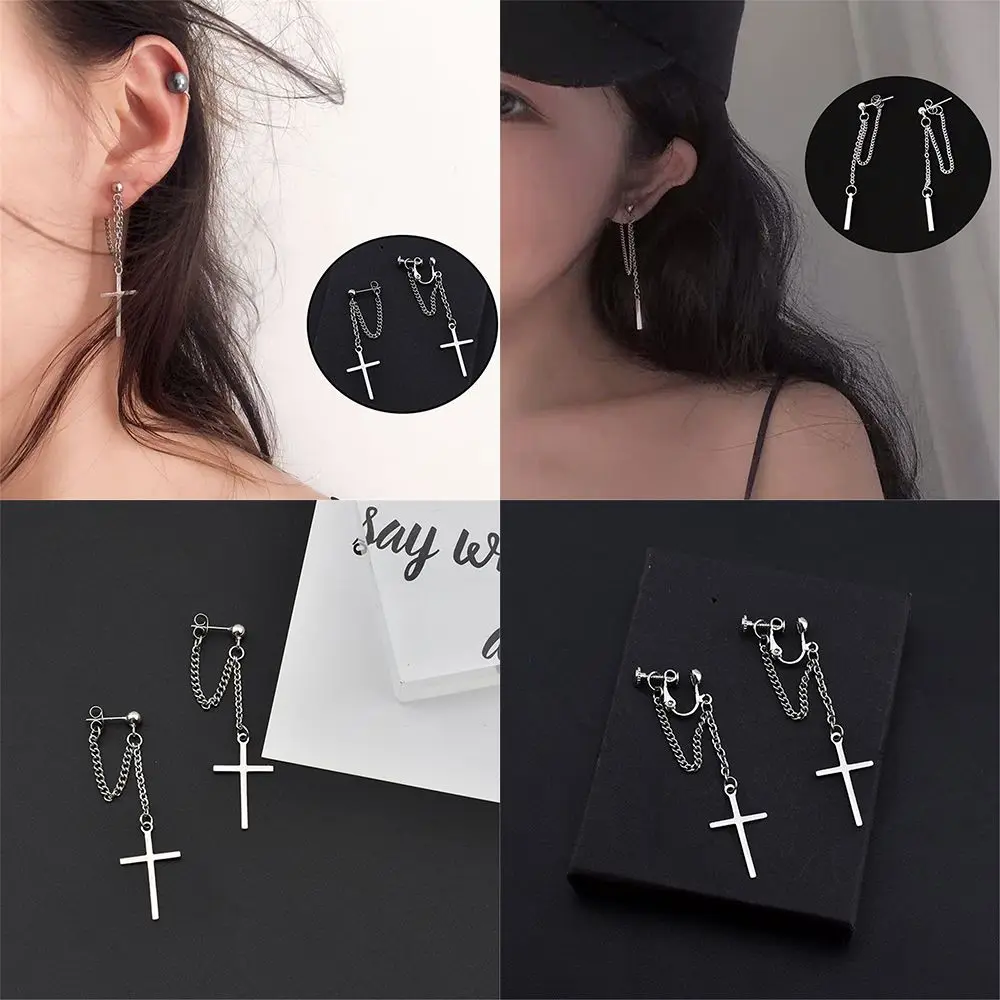 Female Super Cool Personality Cross Chain Earrings Bungee Ear Clip No Pierced