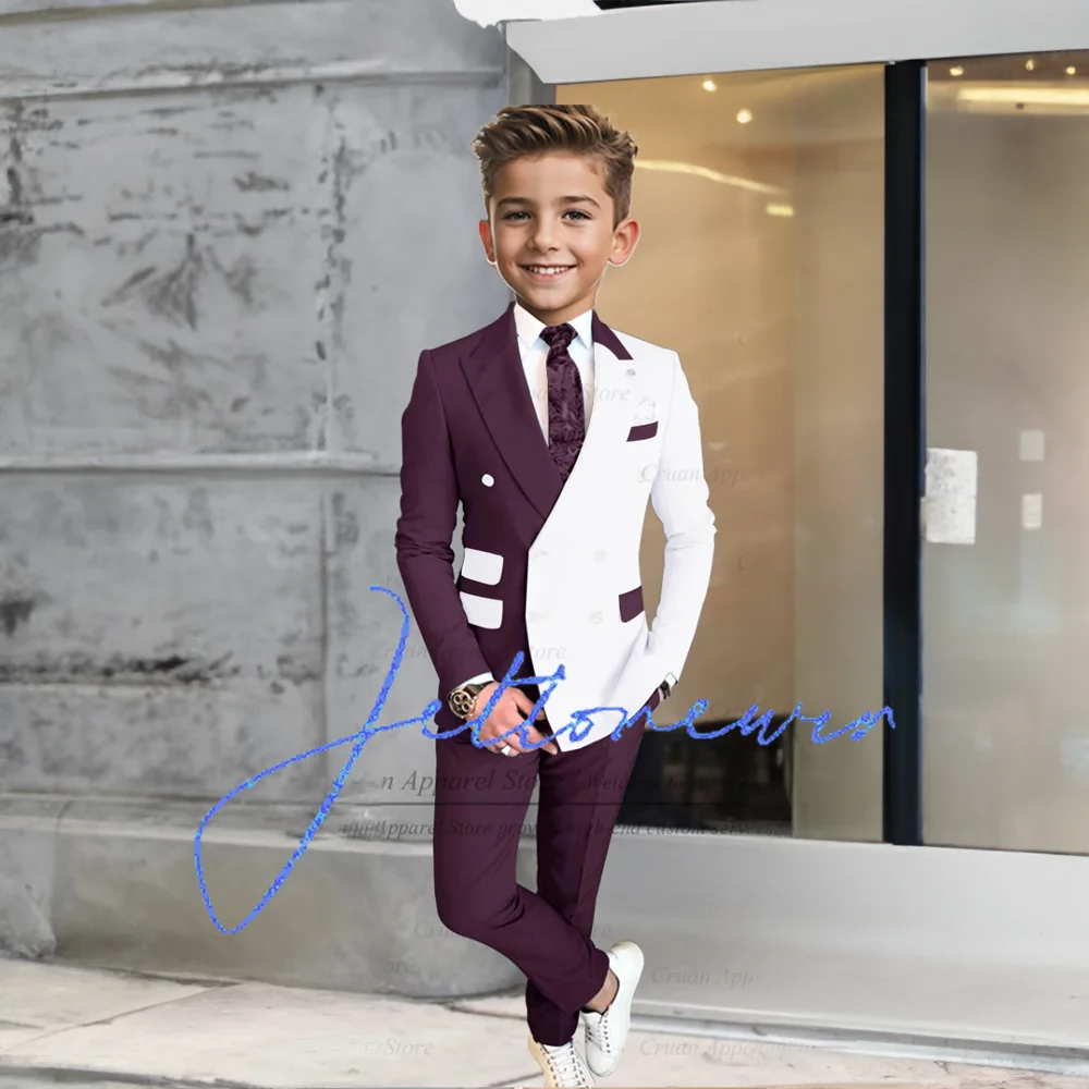 Voller Anzug für Jungen Abend Abendessen formelle Outfits Hochzeits feier Kinder stilvolle Burgunder weiß Spleißen Blazer Hose 2 Stück