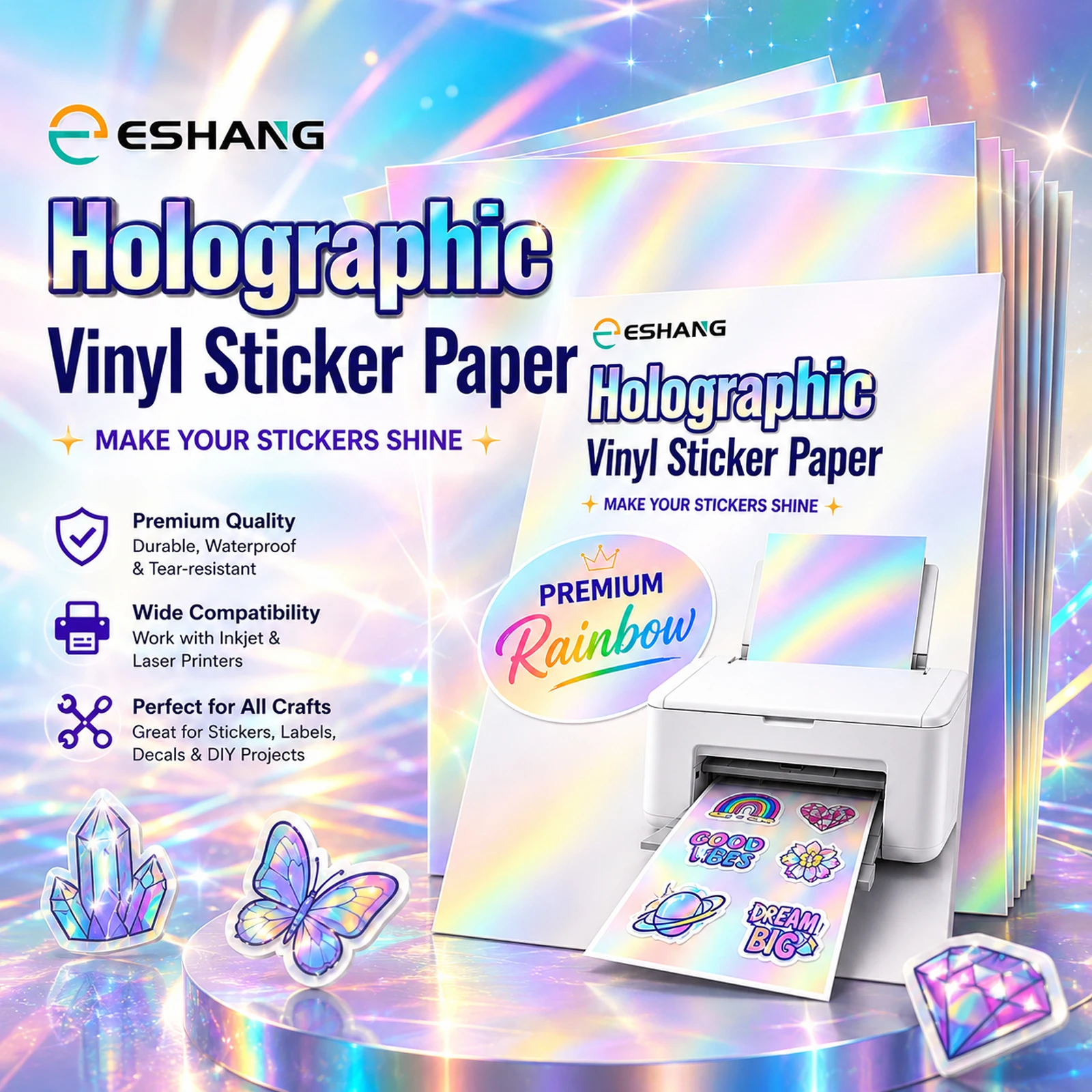 A4 Holographic Vinyl Sticker Paper, Waterproof Rainbow Self-Adhesive Sheets for Inkjet Laser Printer DIY Crafts