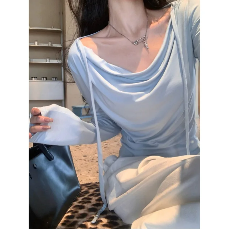 Sweet Gentle Style Comfortable Long Sleeve T-Shirt Women's Anti-Aging Slimming Top with Sash Swing Collar City Walk Travel Co...