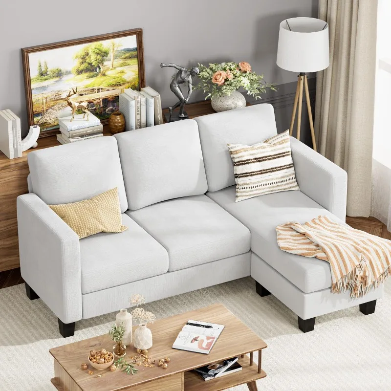 

Convertible Sectional Sofa Couch, L-Shaped 3 Seat with Linen Fabric and Movable Ottoman