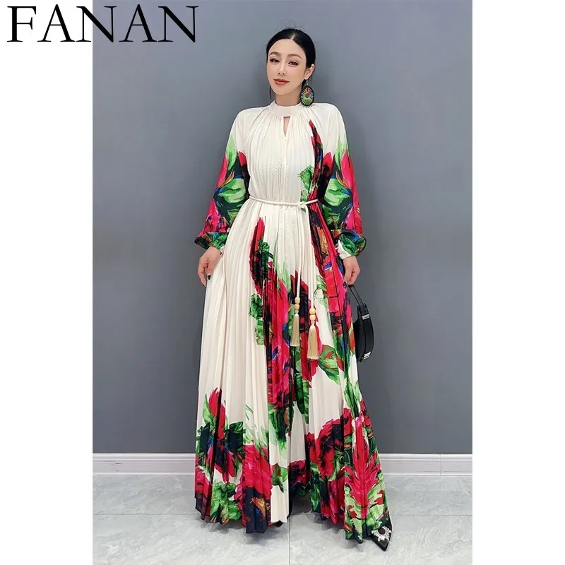 

2024 Spring Autumn New Hundred Pleated Dress Women Long Sleeved A-line Large Hem Long Dress Chiffon Print Elegant LX092