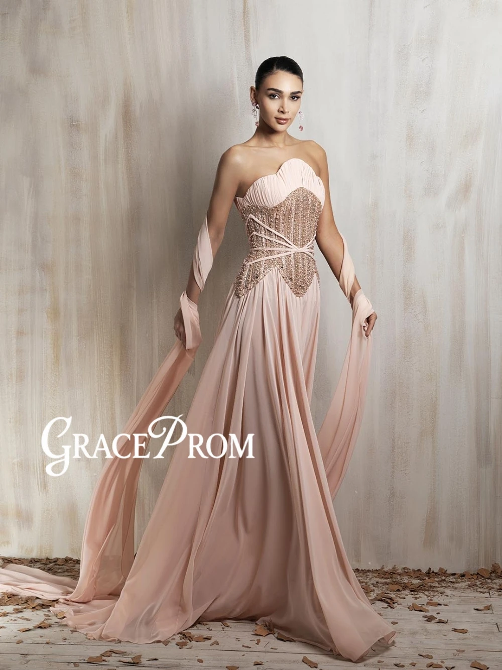 

Blush Pink Haute Couture Strapless Beaded Evening Dress Luxury Flowy Chiffon Formal Gown With Train Red Carpet Events Customized