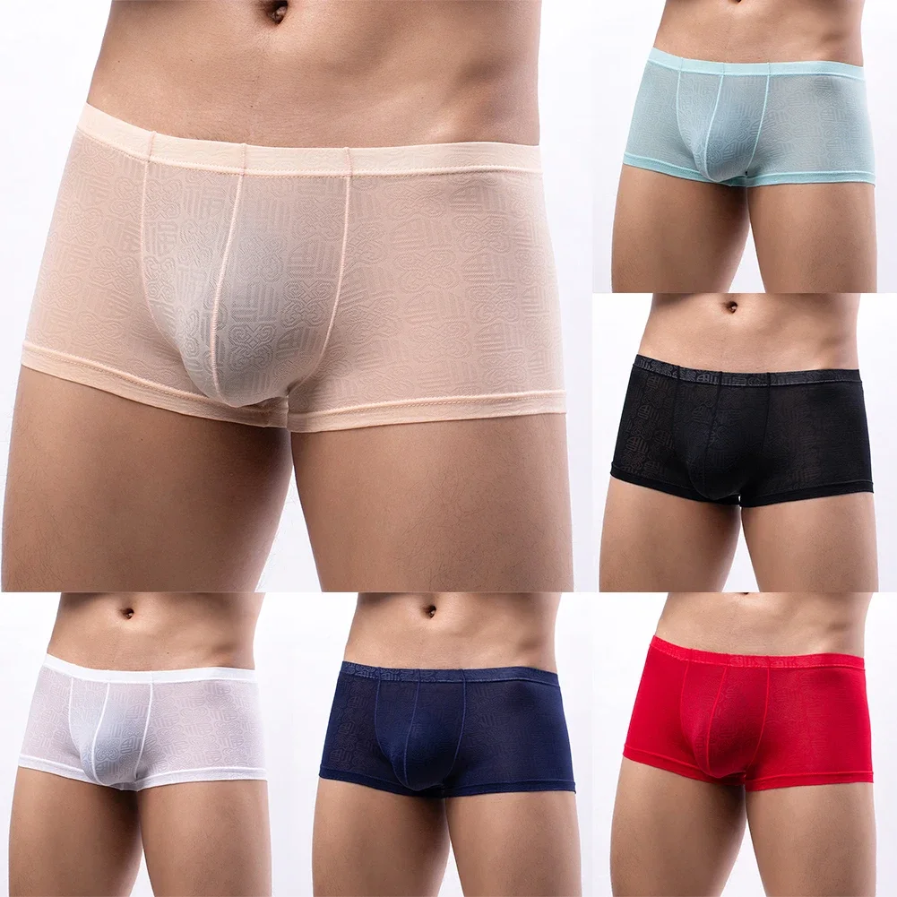 Summer Thin Transparent Ice Silk Panites Sexy Men Underwear Boxers Shorts Breathable U Convex Pouch Underpant Cueca Calzoncillo