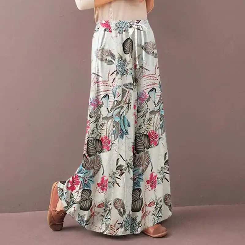 Pantalones de pierna ancha con estampado Floral para mujer, pantalón bohemio con cordón, informal, holgado, con cintura elástica, primavera y otoño