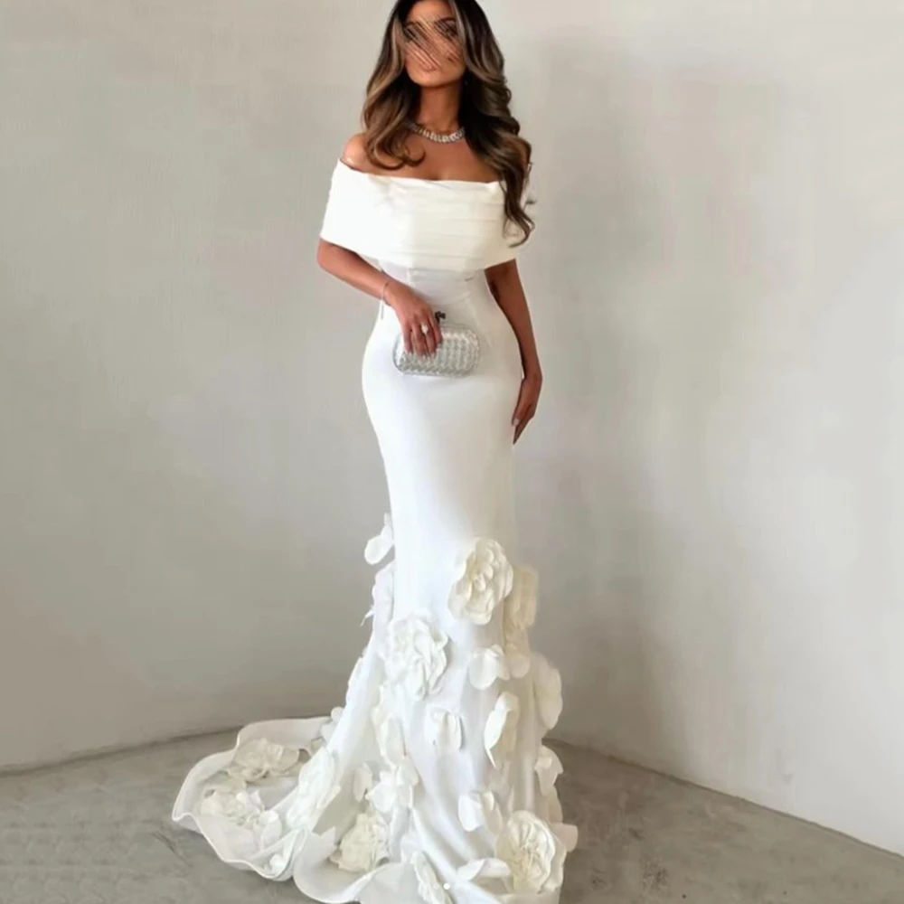 

Customized White Off the Shoulder Flower Mermaid Jersey Evening Dresses Simple Sweep Train Backless Floor Length Prom Gown