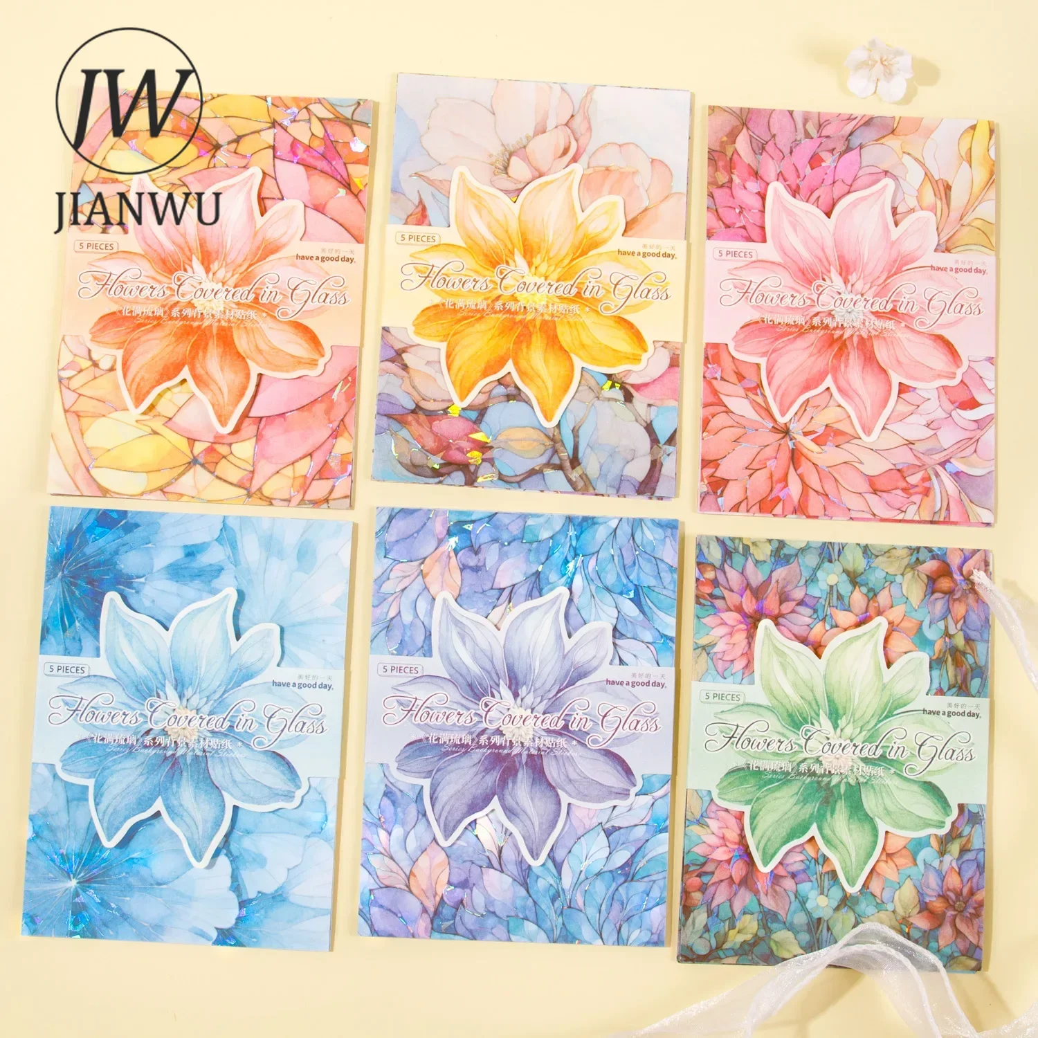 JIANWU 5 Sheets Flowers Covered in Glass Series Vintage Flower Decor Material Sticker Creative DIY Journal Collage Stationery