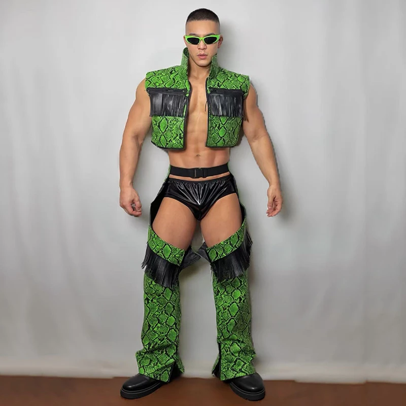 Men Show Stage Costume Green Snake Print Performance Suit Fringe Cropped Jacket Gogo Party Rave Clothing Nightclub Wear VDL5984