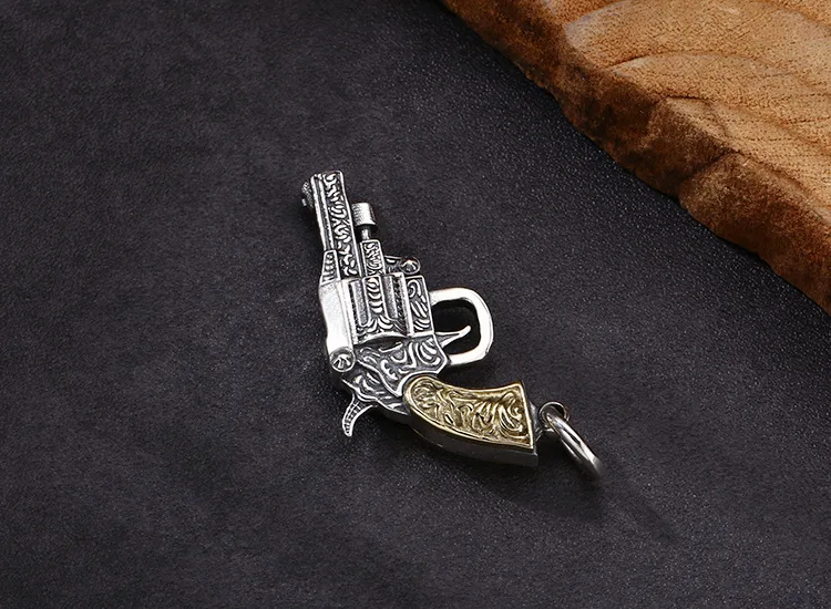 Pendentif revolver exquis et dominateur en argent regardé 925, argent thaïlandais, vintage rétro, vente en gros