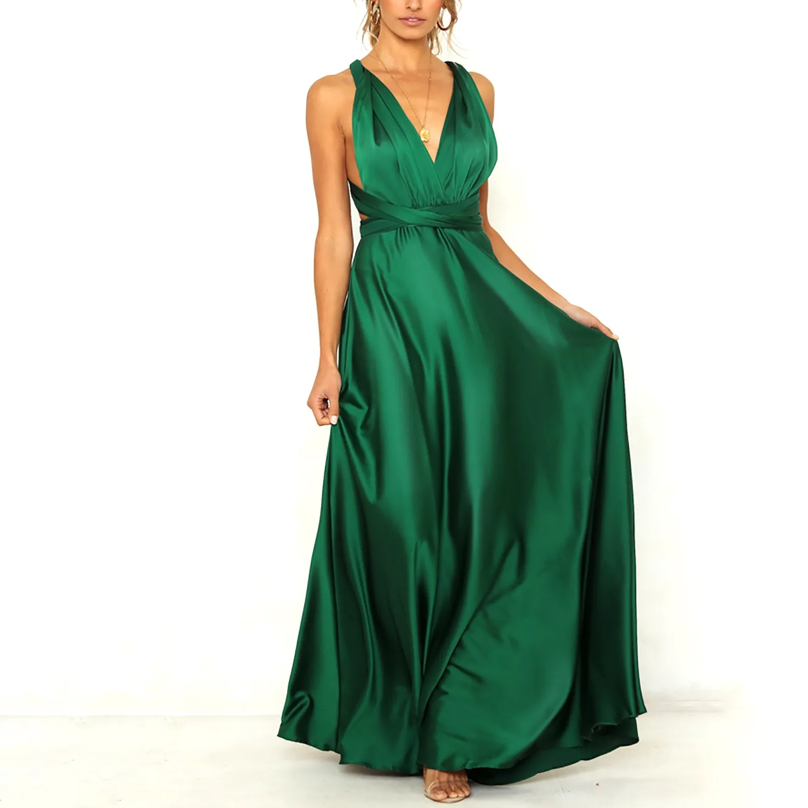 Feminino elegante sólido vestido de cetim vestidos moda sem mangas com tiras sexy profundo decote em v sem costas cintura alta vestido de noite roupas