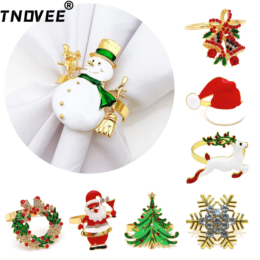 6Pcs Christmas Napkin Rings Gold Xmas Tree Deer Snowflake Hat Socks Napkin Buckles for Christmas Party Dinner Table Decorations