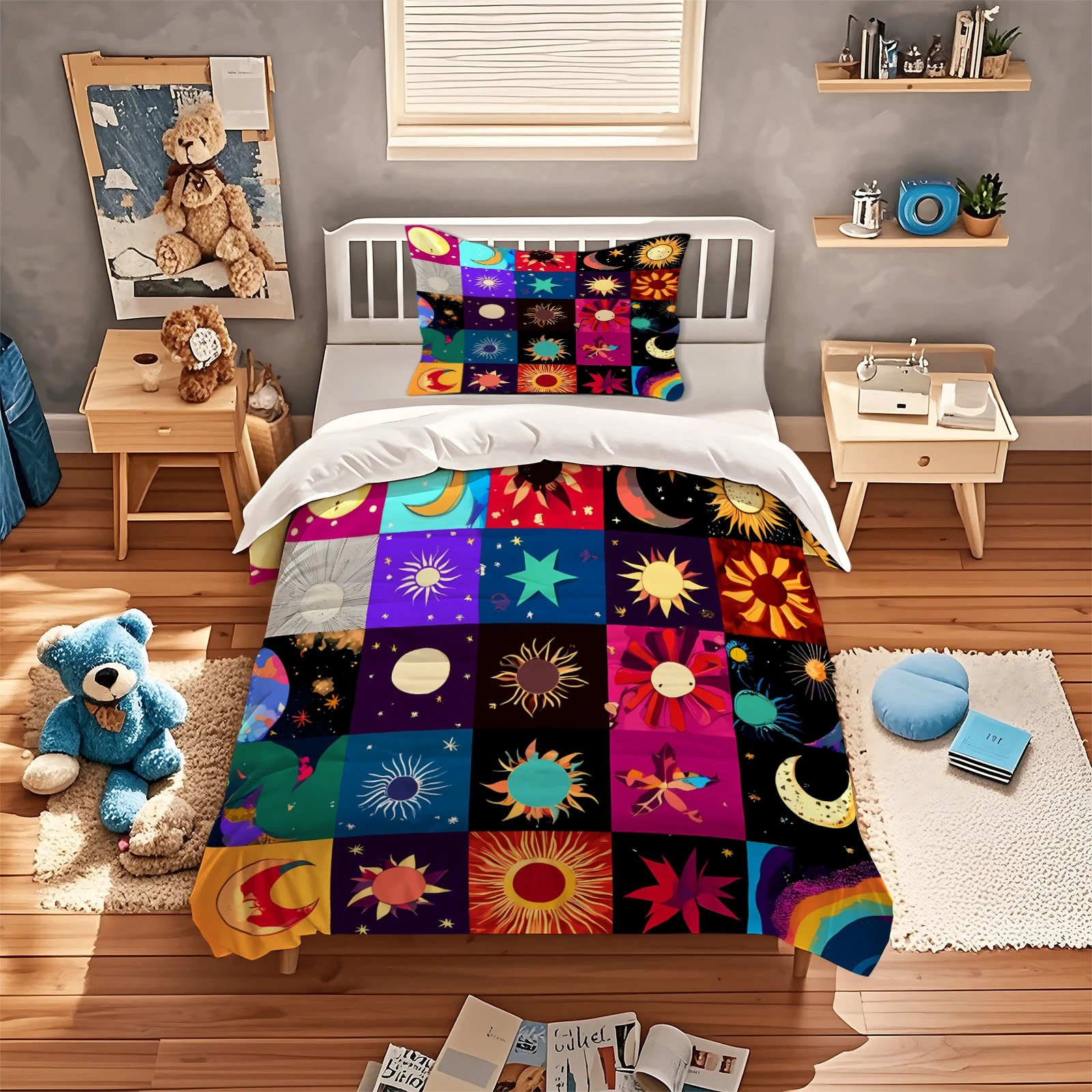 Colorful Sun Moon Star Patchwork Duvet Cover Set Psychedelic Celestial Grid Bedding Set Vibrant Rainbow Astrology Quilt Cover