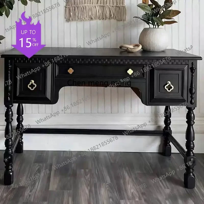 

Винтажный письменный стол из массива дерева smt01, американский стол в стиле лёгкой роскоши с чёрными резными ящиками, стол для учебы.