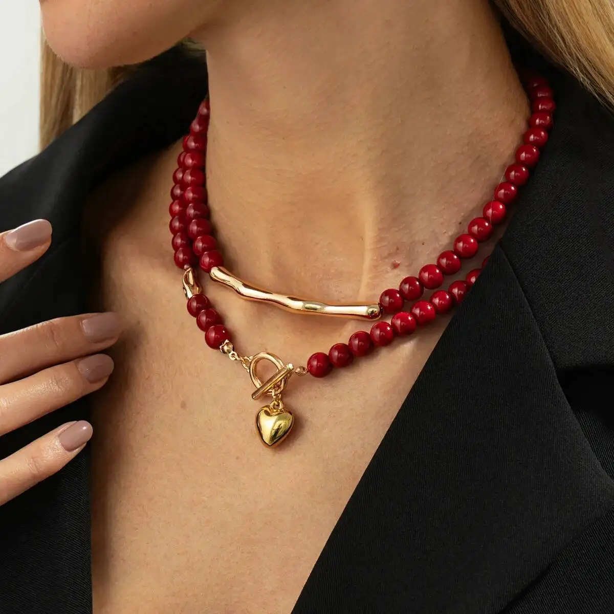 Salircon Trendy Red Acrylic Beaded Chain Love Heart Pendant Necklace Women Doublelayer OT Clavicle Chain Daily Wear Jewelry