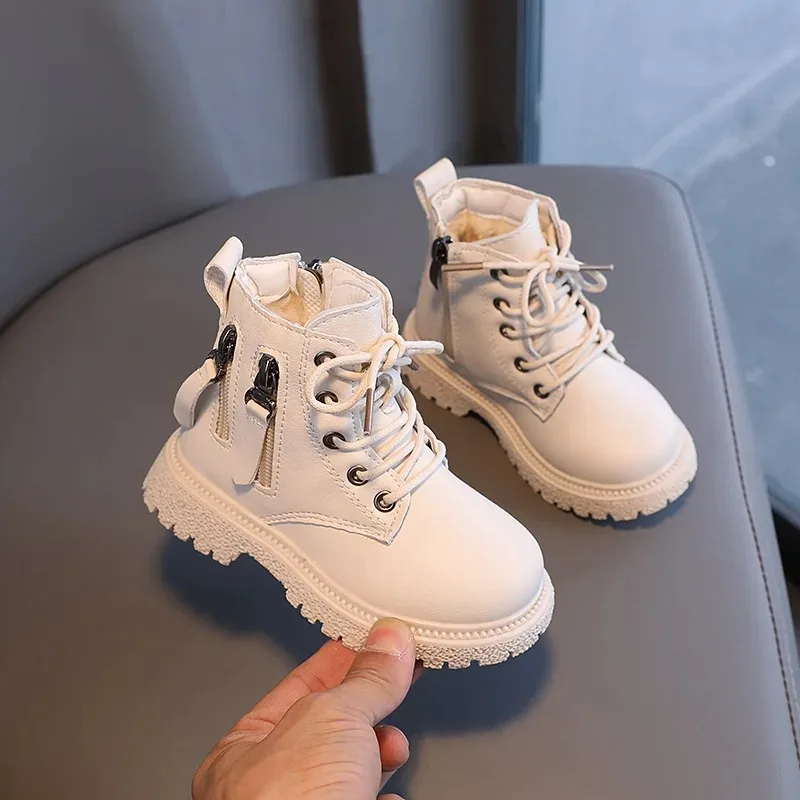 

Children Autumn Winter Warm Small Leather Shoes Girl Velvet Short Boots British Style Boys Front Lacing Cotton Boots Side Zipper