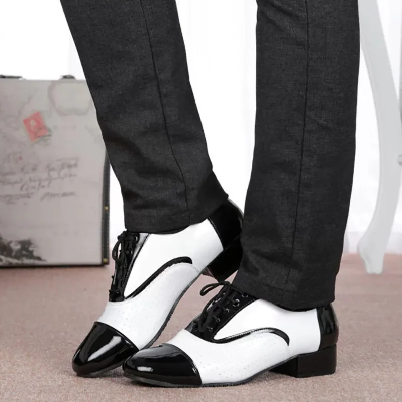 Latin Dancing Shoes Men\'s Leather Black & White International Dance Shoes Square Dance Adult Breathable Soft Sole Modern Dance