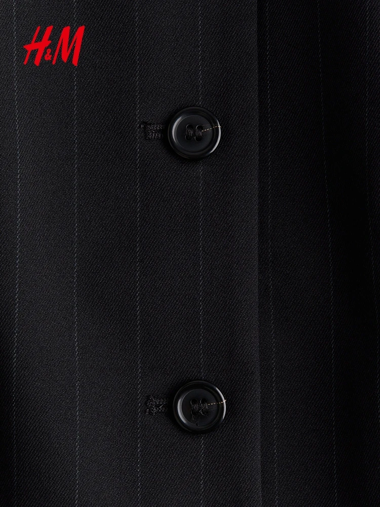 Kamizelka damska H&M, zimowa, do pracy, modna, dopasowana, w paski, z kołnierzykiem, model 297386, mieszanka poliestru, wiskozy i spandexu.