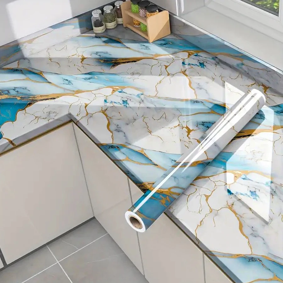 60cm Waterproof Marble Self-adhesive Wallpaper, Contact Paper for Kitchen & Bathroom Countertops, Waterproof Wall Stickers
