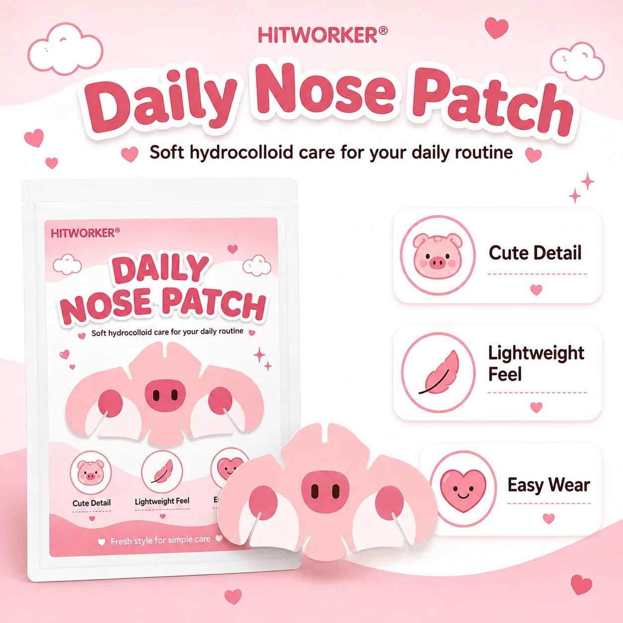 5PCS Cute Pig Hydrocolloid Nose Patches, Pink Cartoon Flexible Nose Beauty Patches for Everyday Beauty Routine