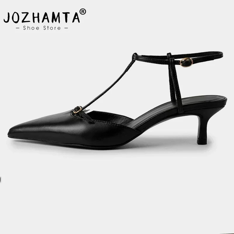 JOZHAMTA Size 34-40 T-Satrp Sandals For Women Real Leather Mid Thin Heels Summer Shoes Ins 2025 Sexy Pointy Party Office Dress