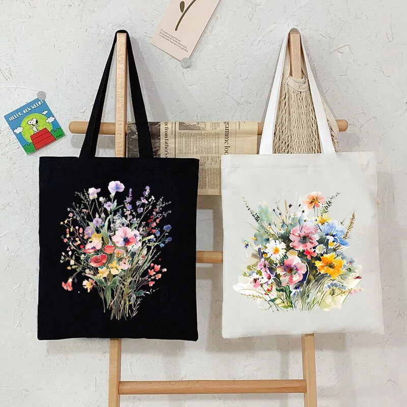 

Wild Plant Flower Series Handbags Woman's Bohemian Style Shoulder Bags Casual Sports Fitness Commuter Bag Canvas Flower Tote Bag