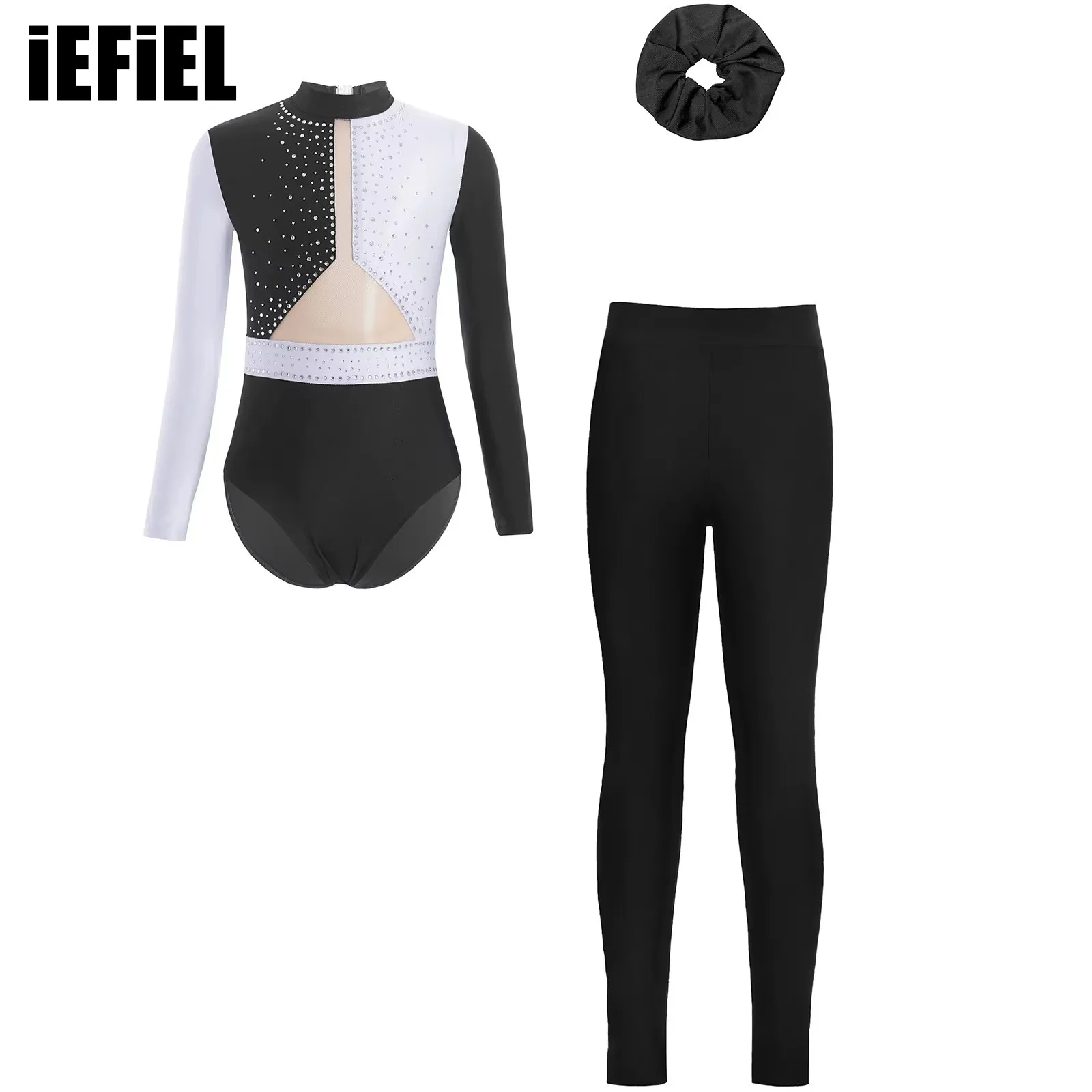 

Kids Girls Gymnastics Dance Outfit Long Sleeve Keyhole Back Patchwork Sparkly Rhinestones Leotard with Leggings And Hairband