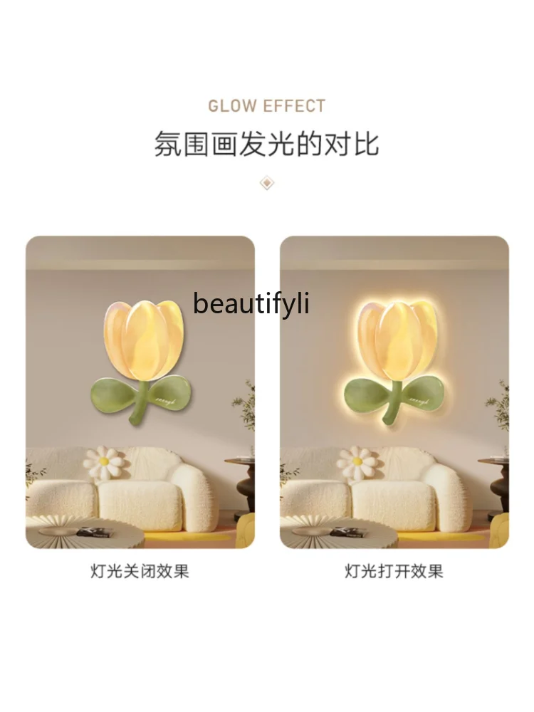 Nordic Style Living Room Decorative Painting Tulip LED Light Painting Healing Series Bedroom Creative Fresh Minimalist Mural