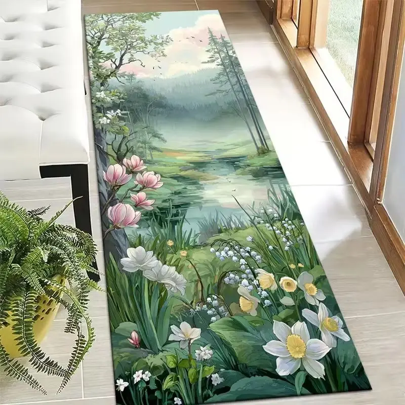 VIKAMA Mountain Forest Streams Flowers Runner Rug Soft Non-Slip Bedroom Bedside Mat Hallway Kitchen Floor Mat Home Decor