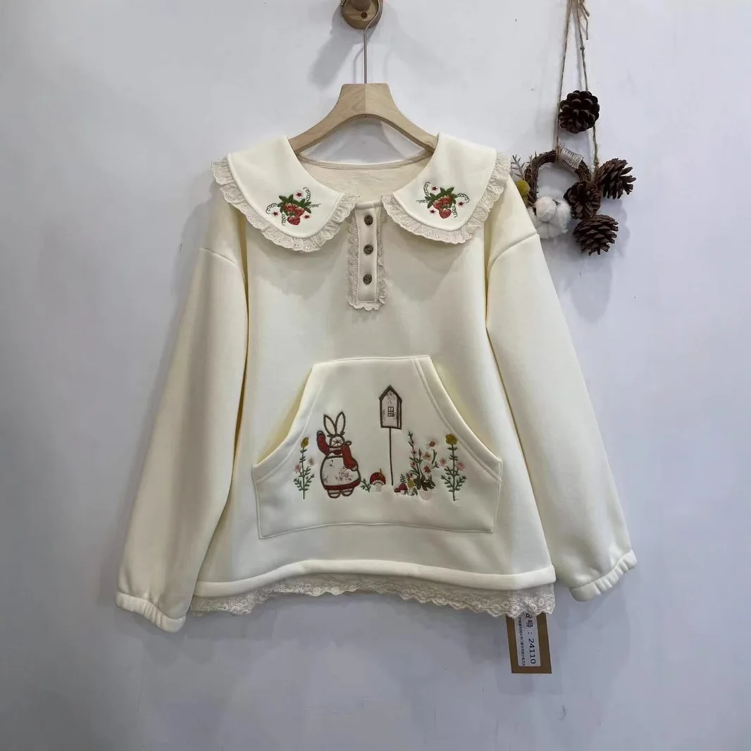 Japanese Sweet Mori Girl Cartoon Embroidery Fleece Pullovers Women Autumn Winter Peter Pan Collar Long Sleeve Sweatshirts Tops