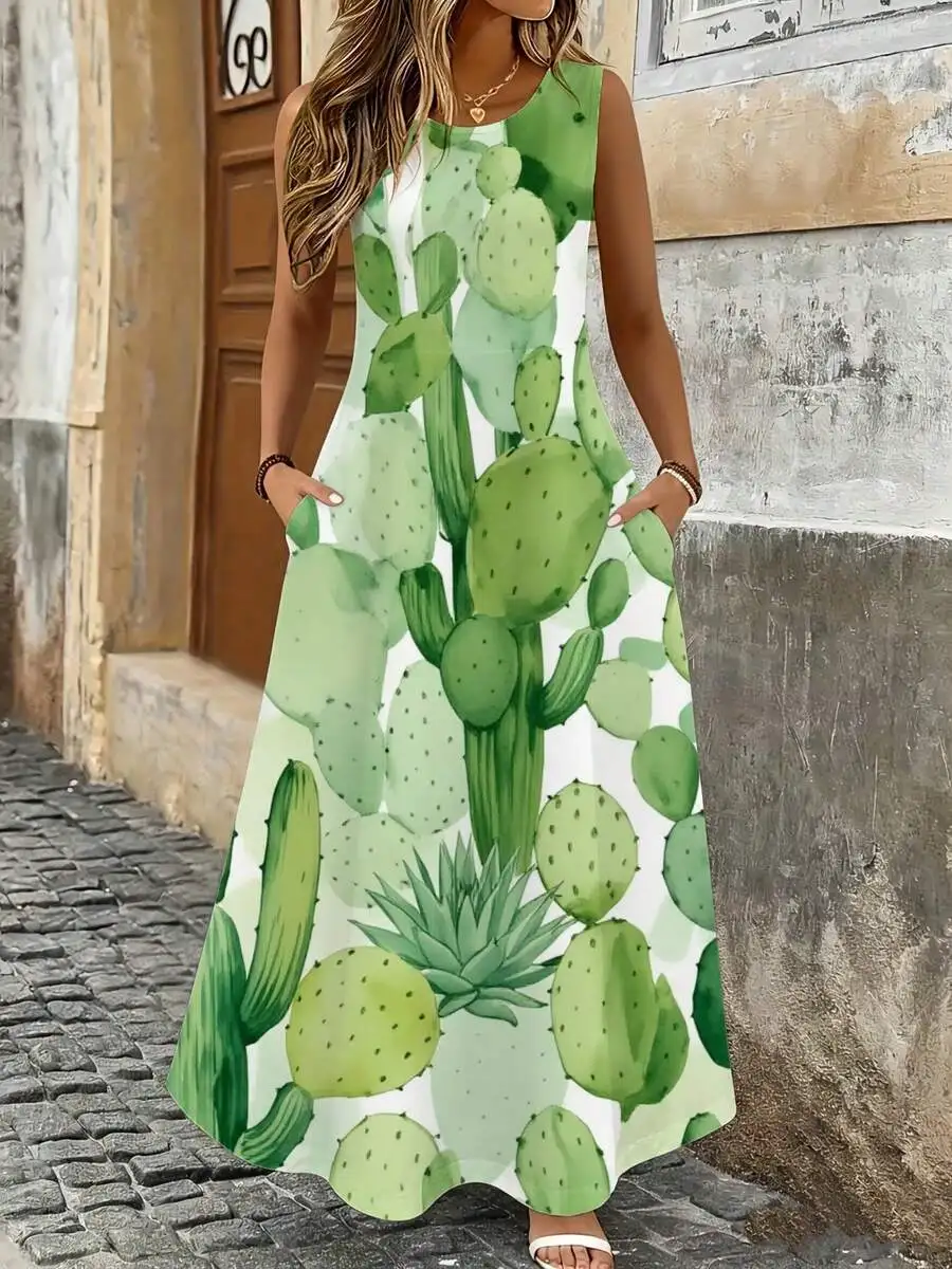 

Cactus Print Sleeveless Maxi Dress Green White Boho Summer Beach Vacation Outfit For Women