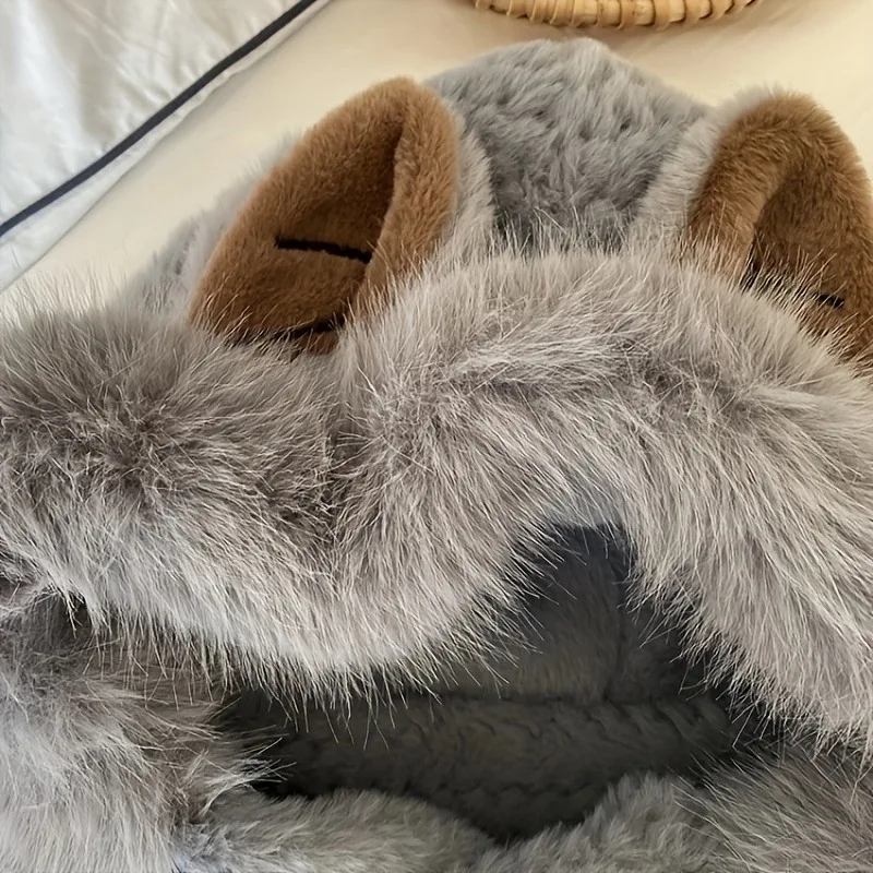 لطيف أفخم وشاح قبعة للنساء الفتيات الشتاء رشاقته فو الفراء الرقبة أدفأ مع آذان القط يندبروف الدافئة الصوف فروي قبعة وشاح #5