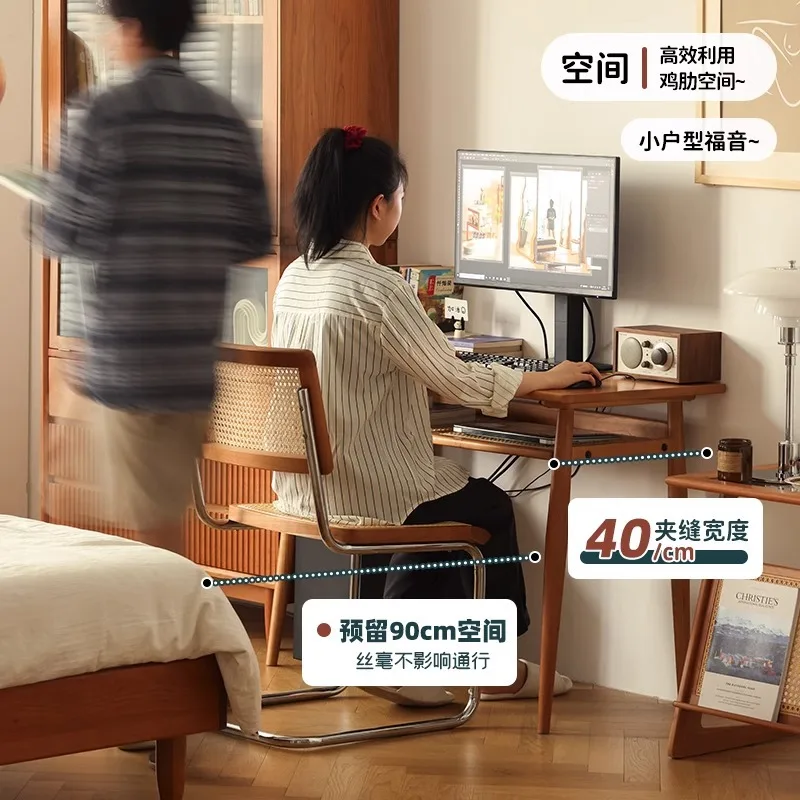 مكتب من الخشب الصلب بالكامل قابل للتخصيص، مكتب شقة صغير من الكرز، لوحة كلمات على الحائط، كمبيوتر بشريط طويل، مكتب ضيق