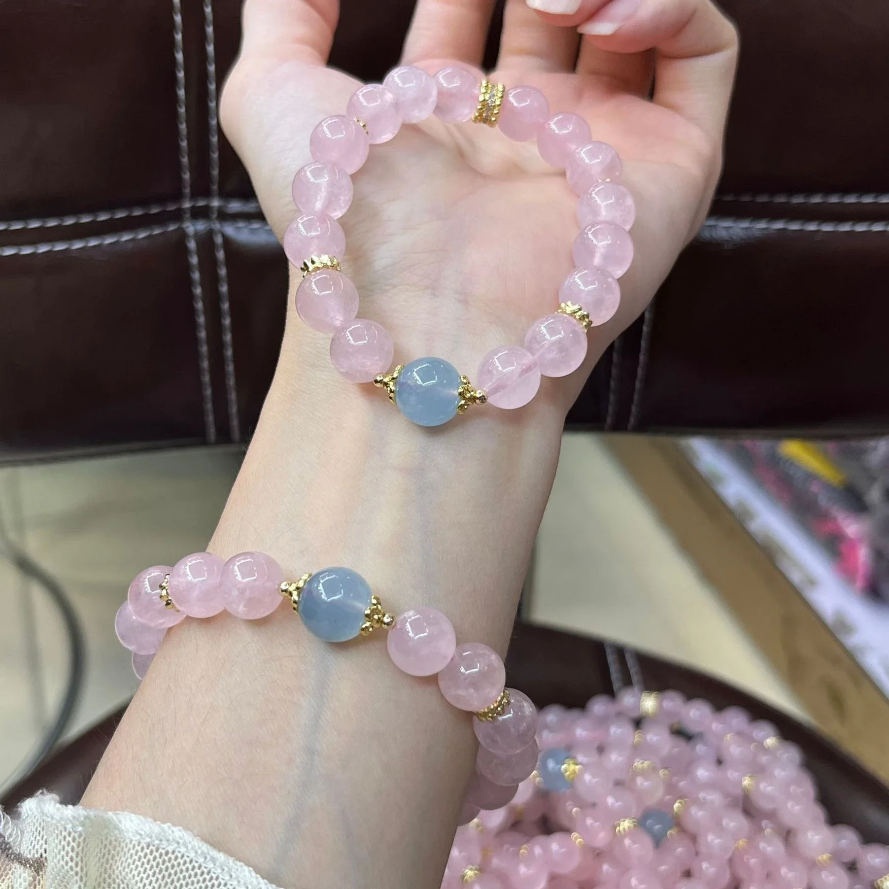 Elegant 10mm Natural Rose Quartz Aquamarine Crystal Beads Beaded Strand Stretch Bracelets for Women Jewelry Accessories YBR1225