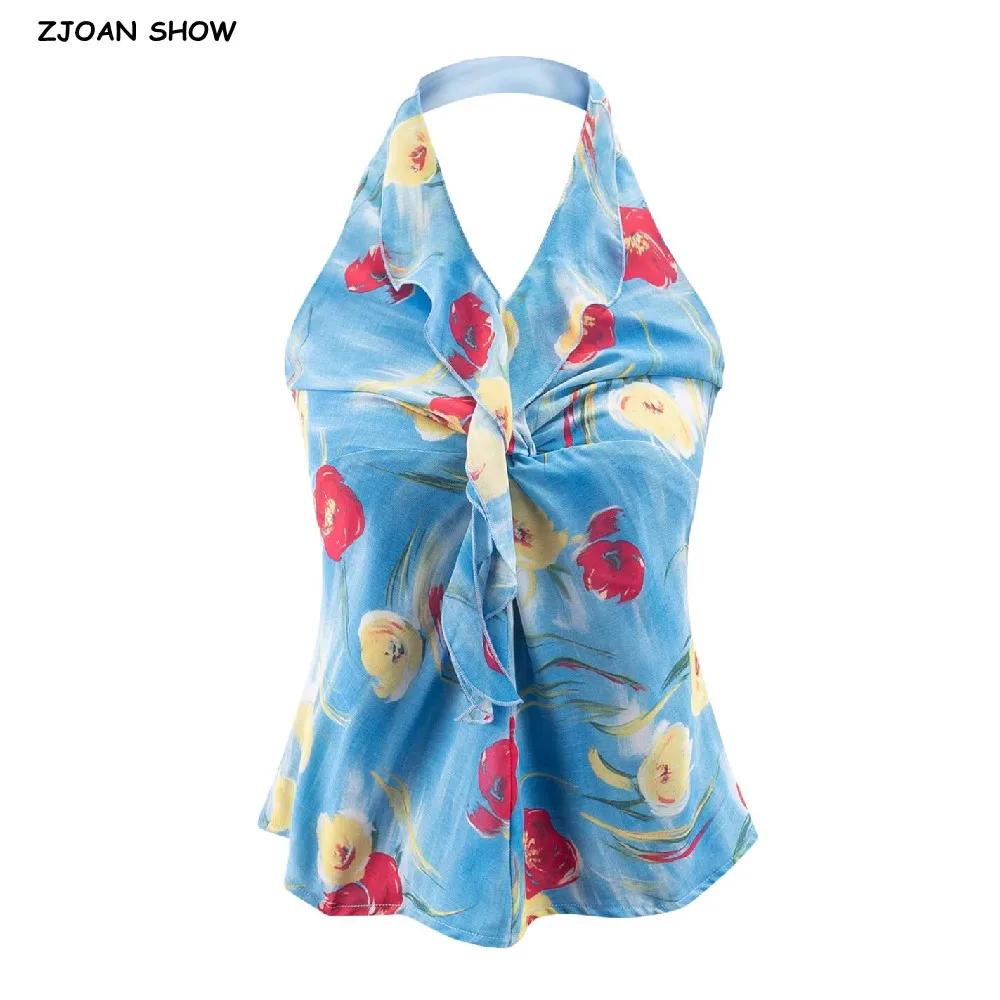 Sexy Tie-dye Blue Floral Print Halter Tank Top Women Tie Bow Back Backless Slim Waist Crop Camis Summer Vest Camisole