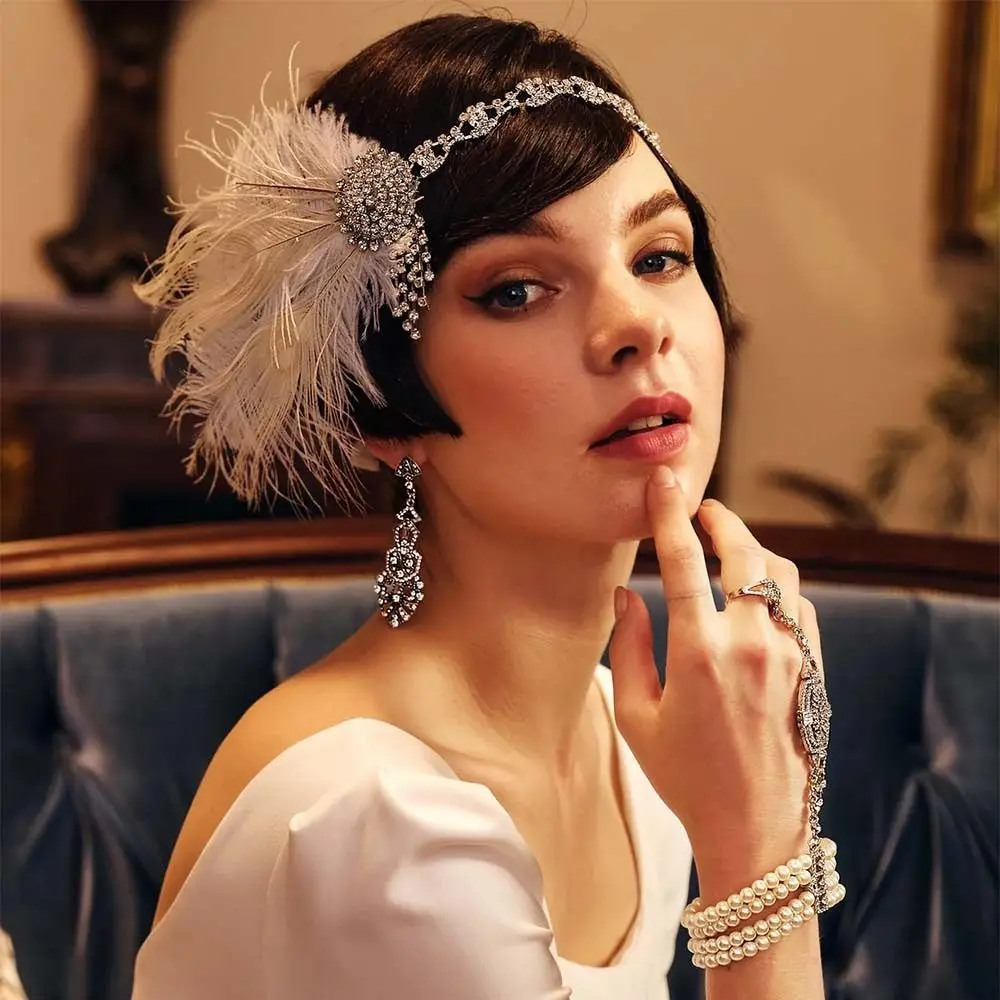 Vintage Feather Headband Sequin Crystal Cosplay Dress Headwear Rhinestone Makeup Party Masquerade Hair Band Bridal Headdress