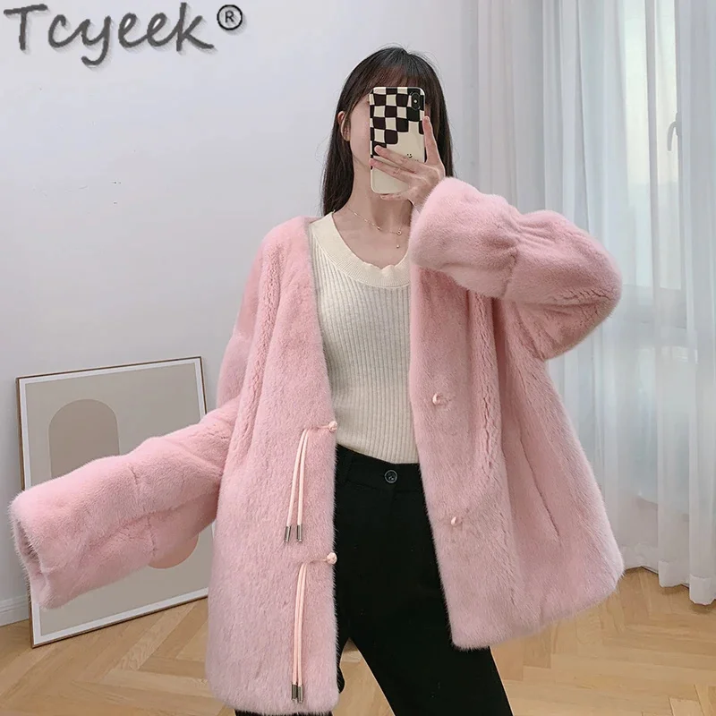 

Natural Tcyeek Coat Women Pink Winter Women's Jackets Fashion Whole Mink Jacket Warm Real Fur Coats V-neck 2024