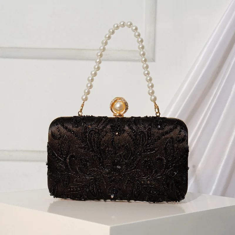 

Luxury Handmade Sequin Embroidery Dinner Evening Bag For Women Silver Black Wine Red Prom Party Small Cluch Pearl Chain Handbags