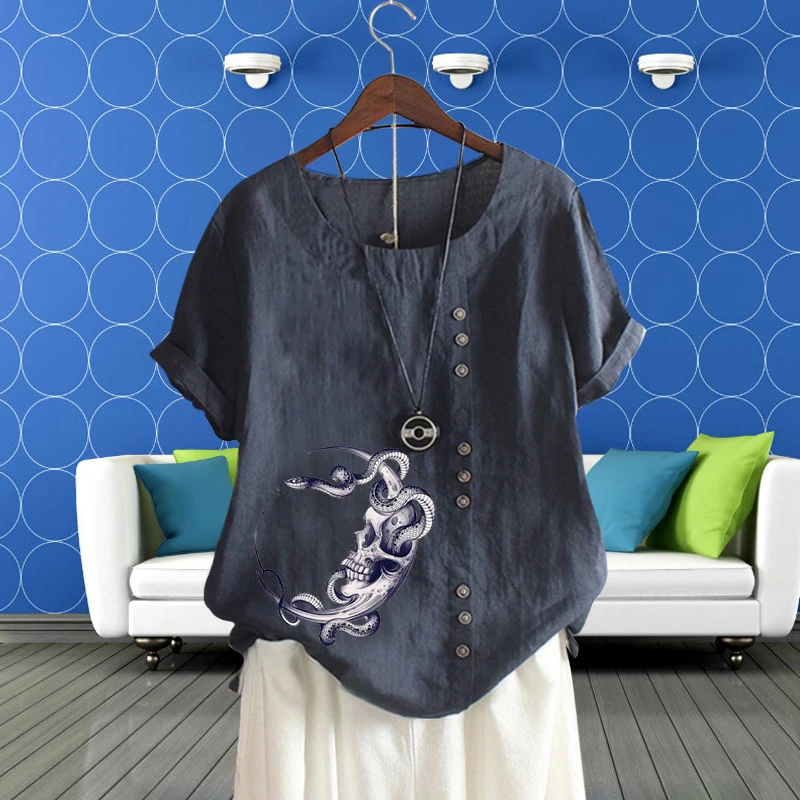 Camiseta con estampado de cuello redondo para mujer, ropa informal holgada de lino y algodón, jersey de manga corta con patrón de Calavera, Top para verano