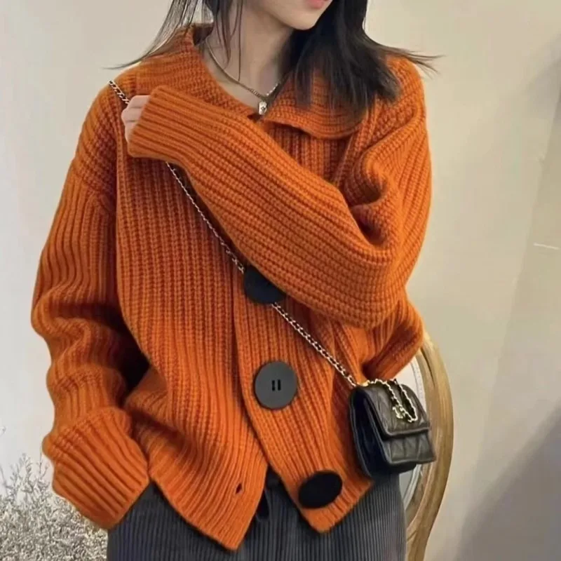 

Women Doll Collar Lazy Fashion Large Button Knitted Sweater Cardigan 2025 Female Spring Autumn Style Lapel Loose Artistic Trend
