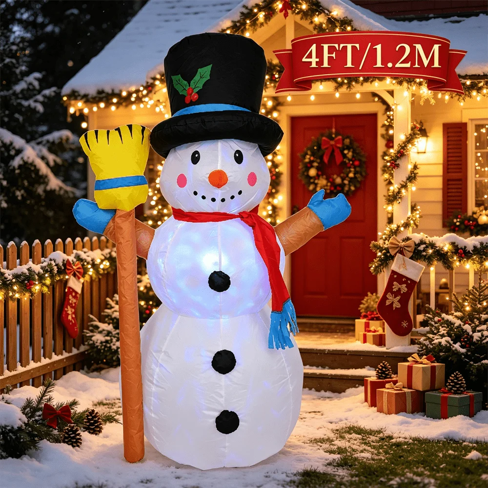 4FT/1.2M Inflatable Model Toy Cute Snowman with Black Top Hat Broom Red Scarf with LED Light Christmas Yard Decor