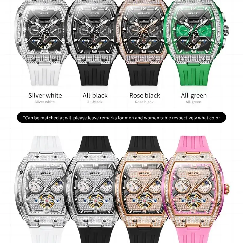 Zegarek dla par GELATU 6016 dla mężczyzn i kobiet, pełny diament, duża tarcza 52 mm, wielofunkcyjny zestaw zegarków dla zakochanych z fazami księżyca