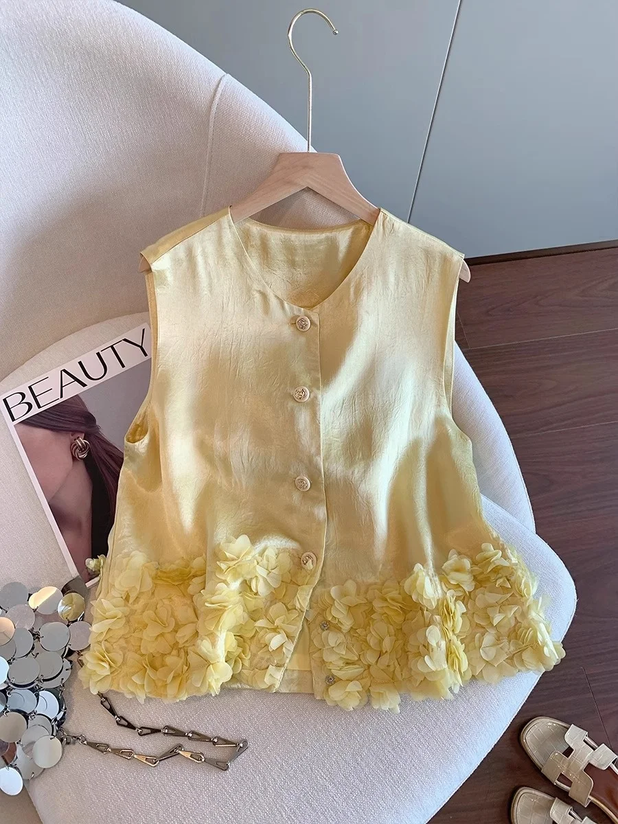 

Acetate Satin Svel Vest Women's Anti-Aging Outerwear Flower Pattern Commute Sle Regular Length Single Button Closure