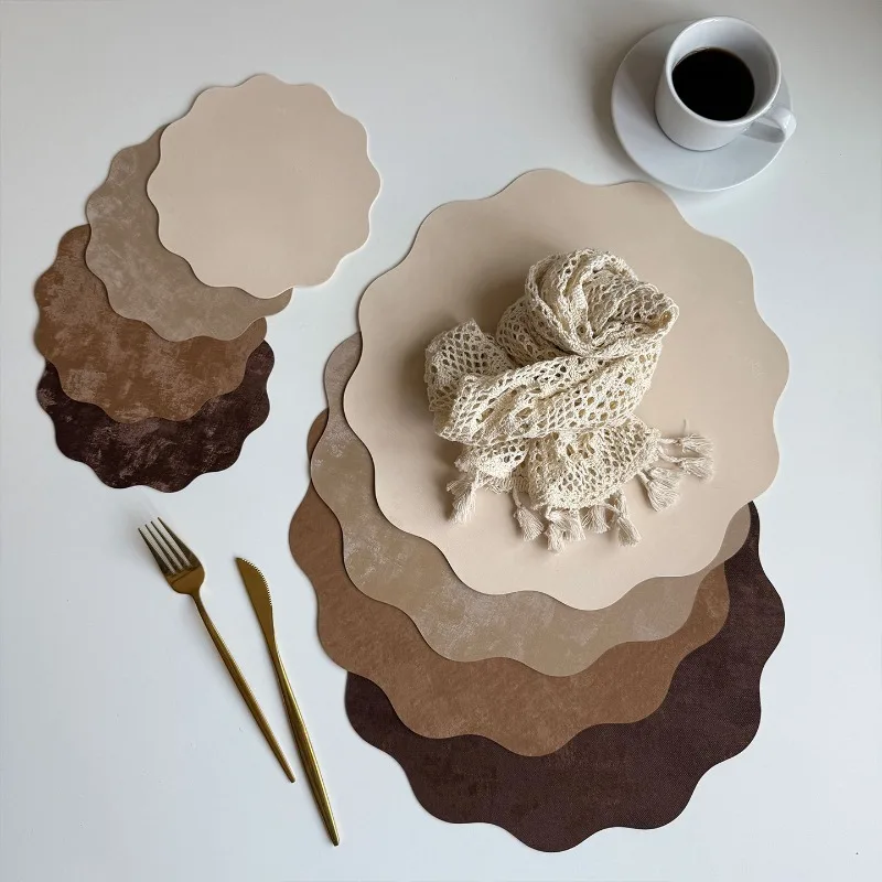 French Vintage Artificial Leather Placemat Silk Feel Flower Heat Resistant Coaster Ins Luxury Mint Chocolate Dining Table Mat
