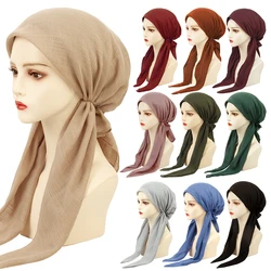 Geebro Women Stylish Pre-Tied Turban Chemo Cap Muslim Hijab Inner Cap Beanies Bonnet Long Tail Headscarf Hat Headwrap Caps