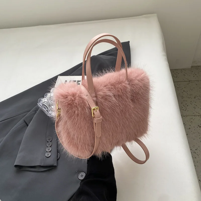 Faux Fur Tote Bag Patchwork Leather Women\'s Bucket Plush Luxury Design Ladies Handbags Tote Shoulder Bags Bright Bolsa Feminina