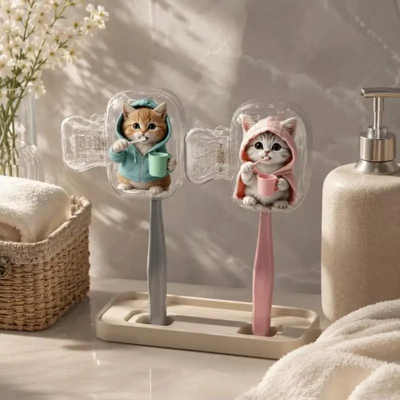 2Pcs Dust-proof Waterproof Cat Toothbrush Cover Kitten Dog Printed Transparent Toothbrush Holder Portable Toothbrush Head Cover