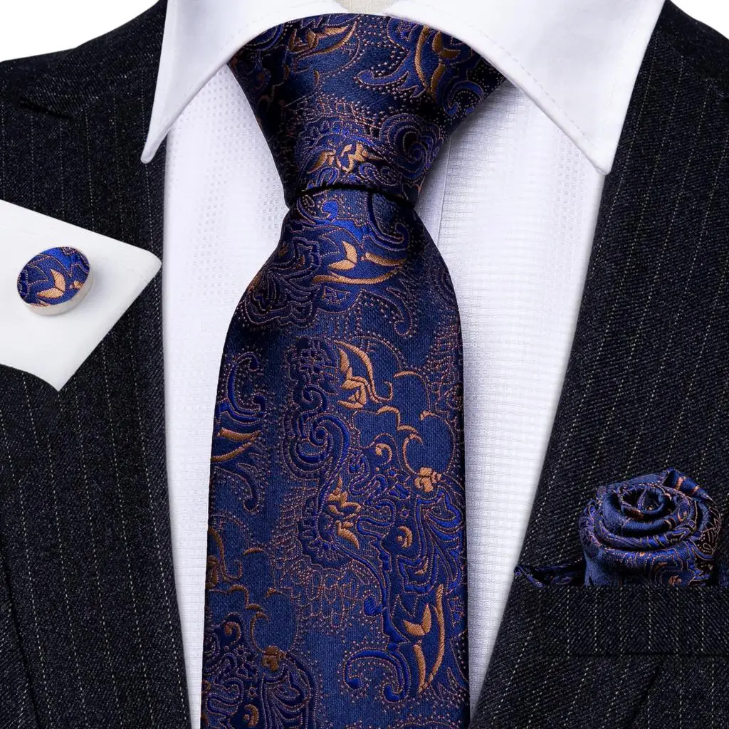 Barry. wang blaue Seide Herren Krawatte Taschentuch Manschetten knöpfe Set Marine Royal Sky Pfau See blaue Krawatte für männliche Hochzeit Business Party Event – Detail 3