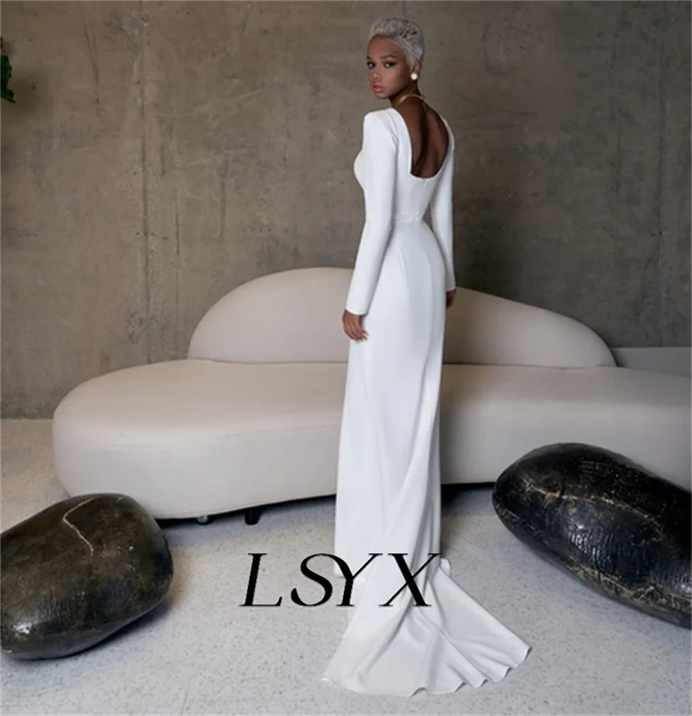 LSYX Elegant Square Neck Long Sleeves Crepe White Wedding Dress Sheath Zipper Back Court Train Bridal Gown Custom Made