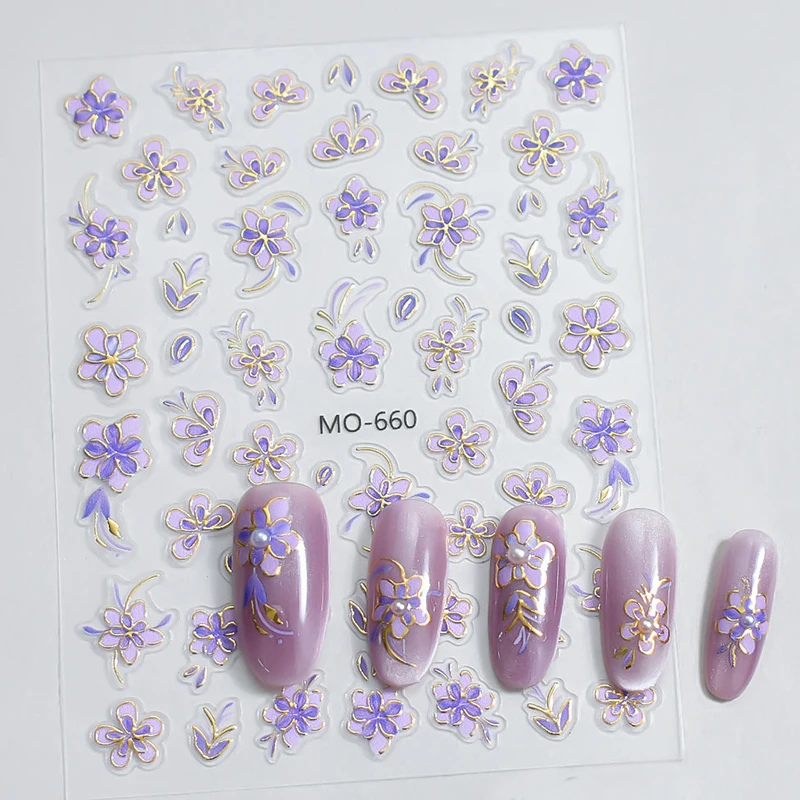 3 stücke 5d Präge Nail art Aufkleber Goldene Linien Lila Blau Emaille Blühende Blumen Aufkleber Für Nagel Dekorationen Maniküre Schönheit