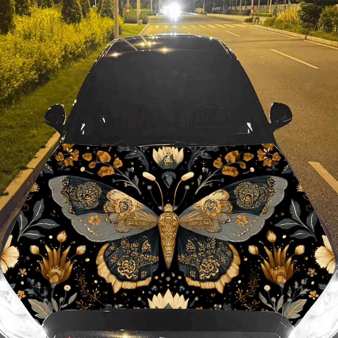 Vintage Luxury Gilded Moth Car Hood Sticker,Waterproof Self-Adhesive Vinyl Graphics Decals,Decorative Auto Accessories Stickers